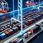 **

A futuristic supply chain management scene. Visualize a digital map overlaying a busy port or industrial complex. Blockchain icons (like interconnected blocks) float above shipping containers and trucks, signifying secure tracking. AI is represented by a glowing, translucent brain-like structure analyzing the data flow. The overall feel is clean, efficient, and high-tech, emphasizing the synergy between blockchain and AI for optimized logistics.

**