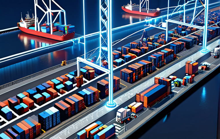 **
A futuristic supply chain management scene. Visualize a digital map overlaying a busy port or industrial complex. Blockchain icons (like interconnected blocks) float above shipping containers and trucks, signifying secure tracking. AI is represented by a glowing, translucent brain-like structure analyzing the data flow. The overall feel is clean, efficient, and high-tech, emphasizing the synergy between blockchain and AI for optimized logistics.
**