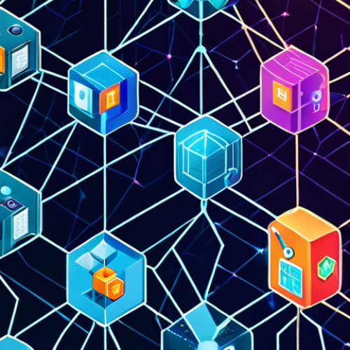 ** A vibrant, interconnected network illustration symbolizing a blockchain. Feature diverse icons representing industries like supply chain, healthcare, and finance seamlessly linked. The visual style should be modern and tech-forward, emphasizing the decentralized nature of blockchain technology.

**