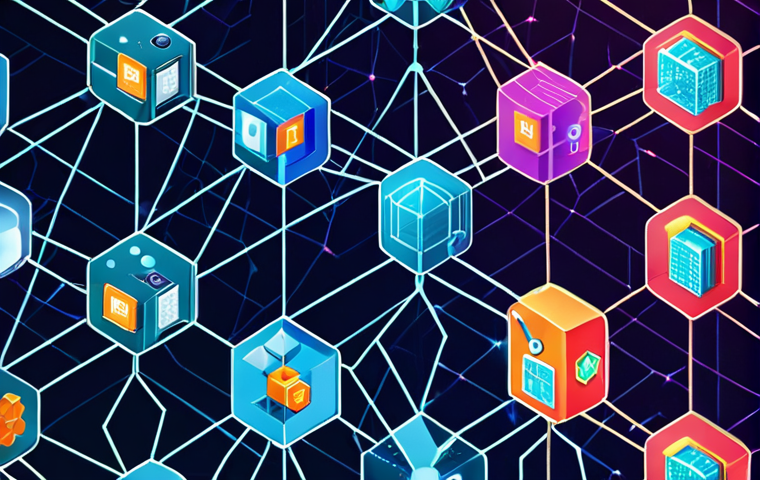 ** A vibrant, interconnected network illustration symbolizing a blockchain. Feature diverse icons representing industries like supply chain, healthcare, and finance seamlessly linked. The visual style should be modern and tech-forward, emphasizing the decentralized nature of blockchain technology.
**